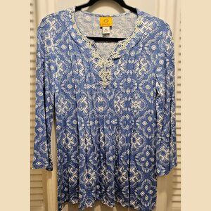 💯 Ruby Rd. Pleated Embroidered Appliqué Blue-Patterned Blouse 💯